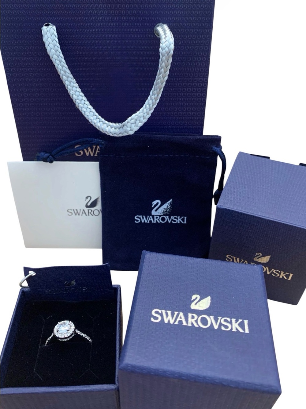 Swarovski Silver Halo Ring with Clear Crystal and Navy Accents SIZE8